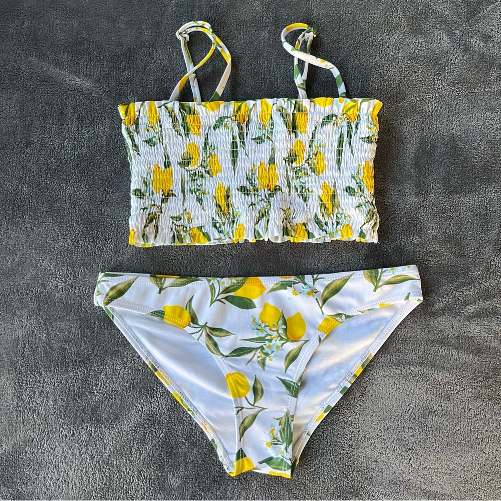 Lemon Print Bikini Set Smocked Top size S